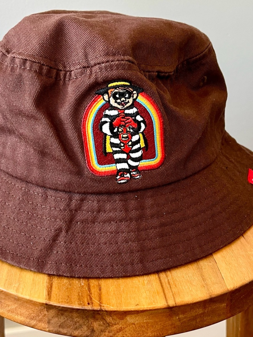 Brown Bucket Hat with Colorful Hamburglar Patch - Retro Streetwear Vibe